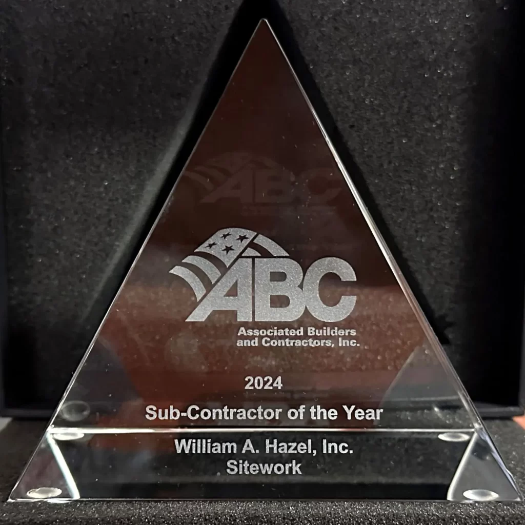 The award William A. Hazel received for best Subcontractor of the Year in 2024