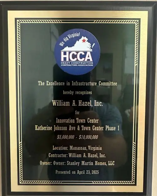 The plaque for the Excellence in Infrastructure award given to William A. Hazel by HCCA Virignia